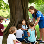 **A group of children learning about plants and trees in a local park, led by their teacher. Focus on the children's engagement and the teacher's guidance in the natural setting.**