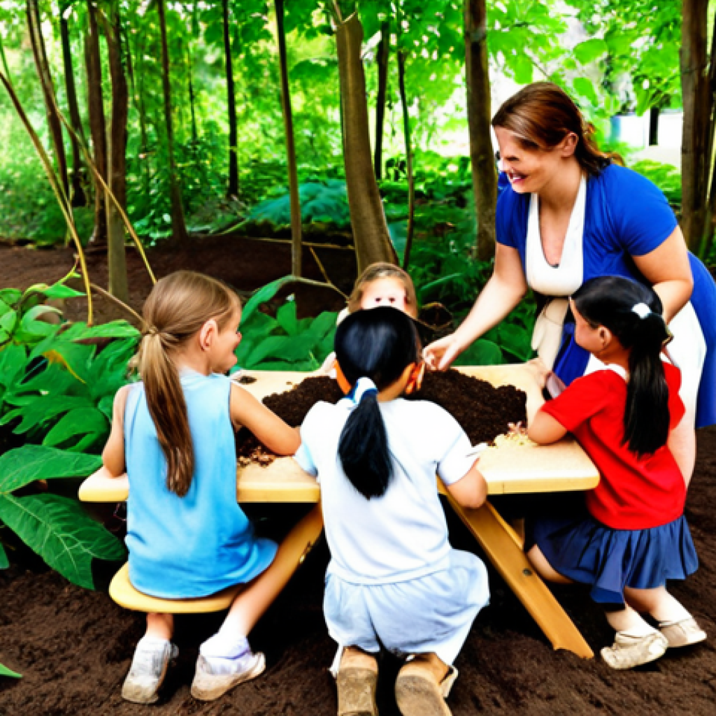 **A vibrant outdoor classroom scene. Children are gathered around a teacher amidst lush greenery, using leaves, soil, and natural materials for a science lesson. The atmosphere is joyful and engaging, emphasizing hands-on learning.**