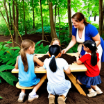 **A vibrant outdoor classroom scene. Children are gathered around a teacher amidst lush greenery, using leaves, soil, and natural materials for a science lesson. The atmosphere is joyful and engaging, emphasizing hands-on learning.**
