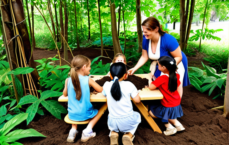 **A vibrant outdoor classroom scene. Children are gathered around a teacher amidst lush greenery, using leaves, soil, and natural materials for a science lesson. The atmosphere is joyful and engaging, emphasizing hands-on learning.**