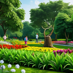 ** A serene park scene with children playing, fully clothed, amidst lush greenery and colorful flowers, perfect anatomy, natural pose, safe for work, appropriate content, family-friendly.

**