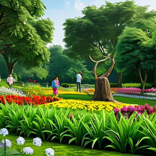 ** A serene park scene with children playing, fully clothed, amidst lush greenery and colorful flowers, perfect anatomy, natural pose, safe for work, appropriate content, family-friendly.

**