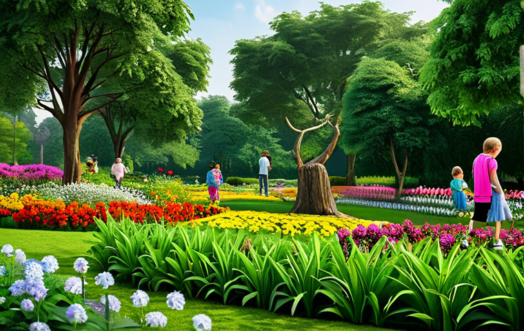 ** A serene park scene with children playing, fully clothed, amidst lush greenery and colorful flowers, perfect anatomy, natural pose, safe for work, appropriate content, family-friendly.
**