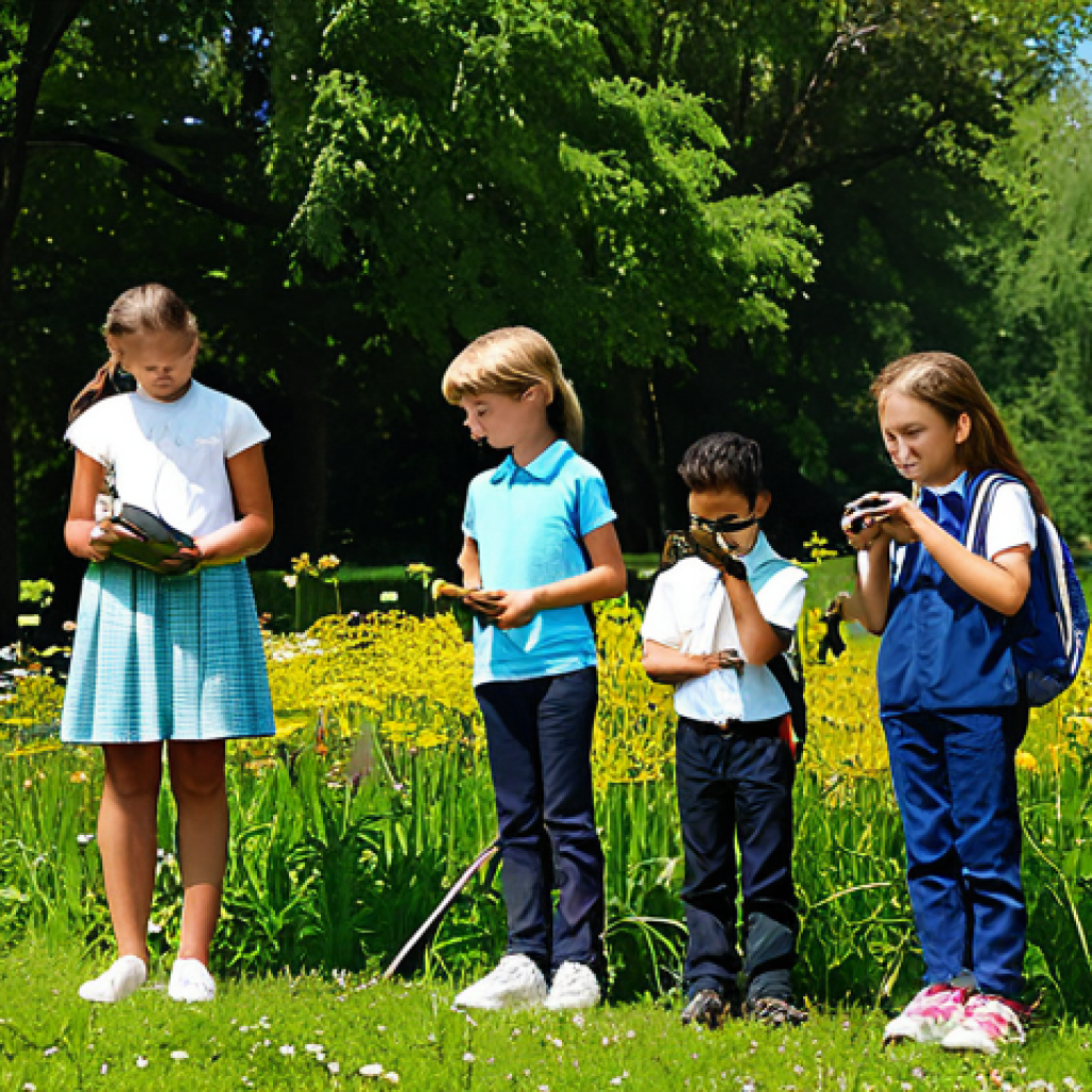 **

A group of fully clothed students on a field trip to a local park, led by their teacher. The children are observing plants and insects with magnifying glasses.  Everyone is wearing appropriate attire. Background shows trees, flowers, and a clear sky. Safe for work, professional photography, perfect anatomy, natural proportions, family-friendly, well-formed hands, proper finger count, natural pose.

**