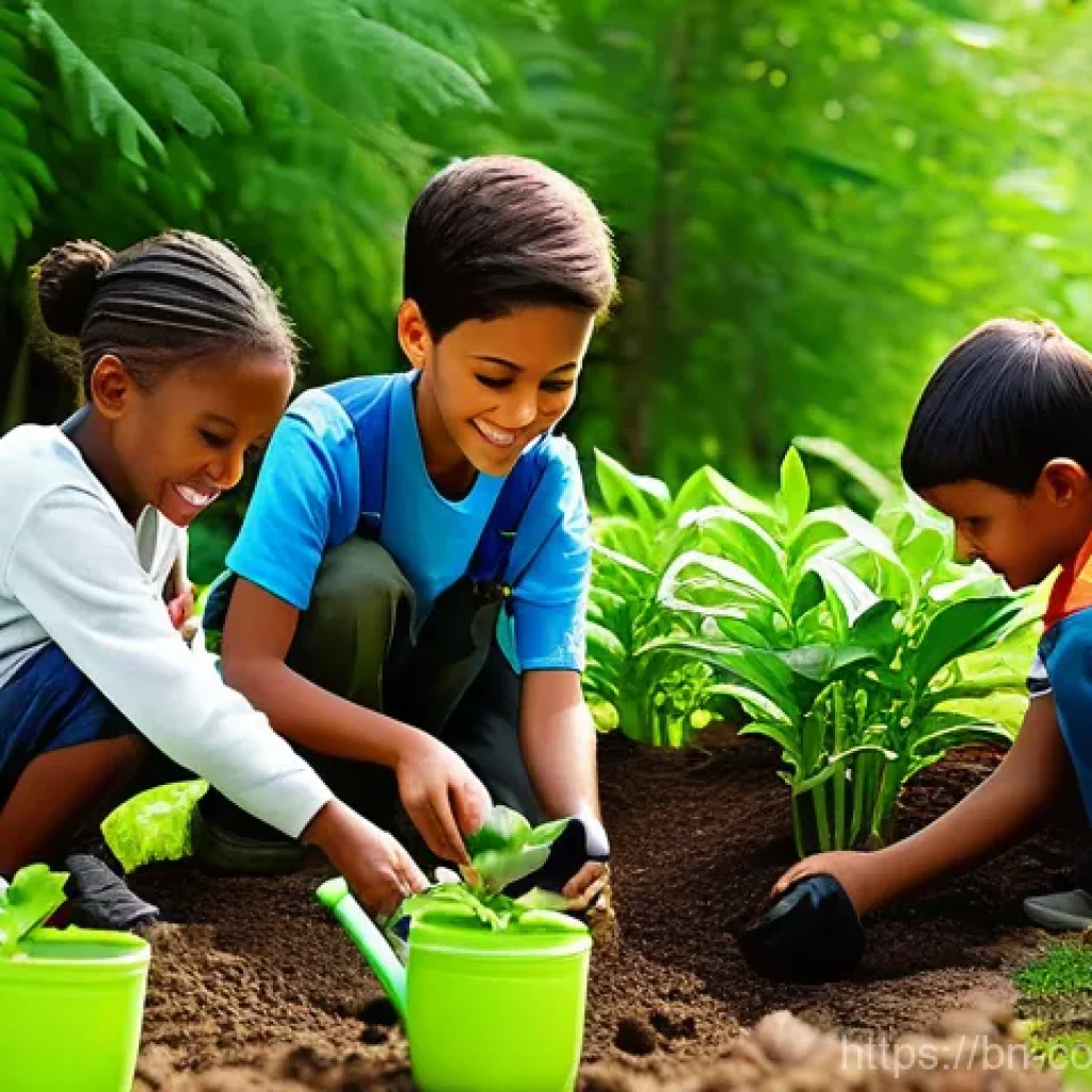야외 학습의 윤리적 측면 - **Prompt 1: Children Nurturing Nature**
    A group of diverse children, aged 6-10, wearing comforta...