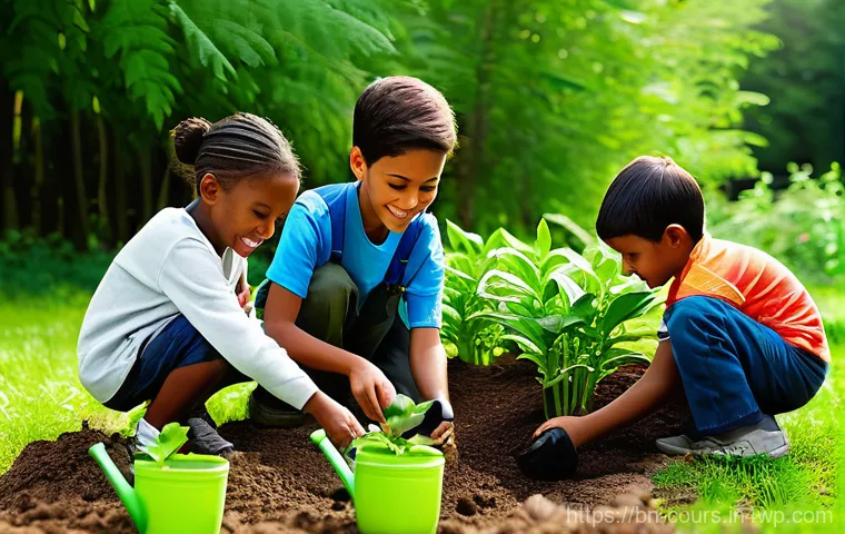 야외 학습의 윤리적 측면 - **Prompt 1: Children Nurturing Nature**
    A group of diverse children, aged 6-10, wearing comforta...