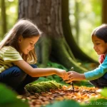 야외 학습과 지역사회의 연계 방안 - **Prompt:** A vibrant, sun-drenched scene in a lush, green forest, where a diverse group of elementa...