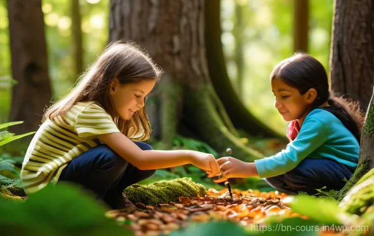 야외 학습과 지역사회의 연계 방안 - **Prompt:** A vibrant, sun-drenched scene in a lush, green forest, where a diverse group of elementa...