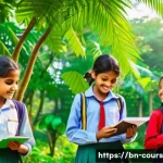 야외 학습에서의 학생 참여 증진 방법 - A vibrant outdoor classroom scene in a lush natural environment featuring Bengali schoolchildren age...