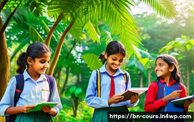 야외 학습에서의 학생 참여 증진 방법 - A vibrant outdoor classroom scene in a lush natural environment featuring Bengali schoolchildren age...