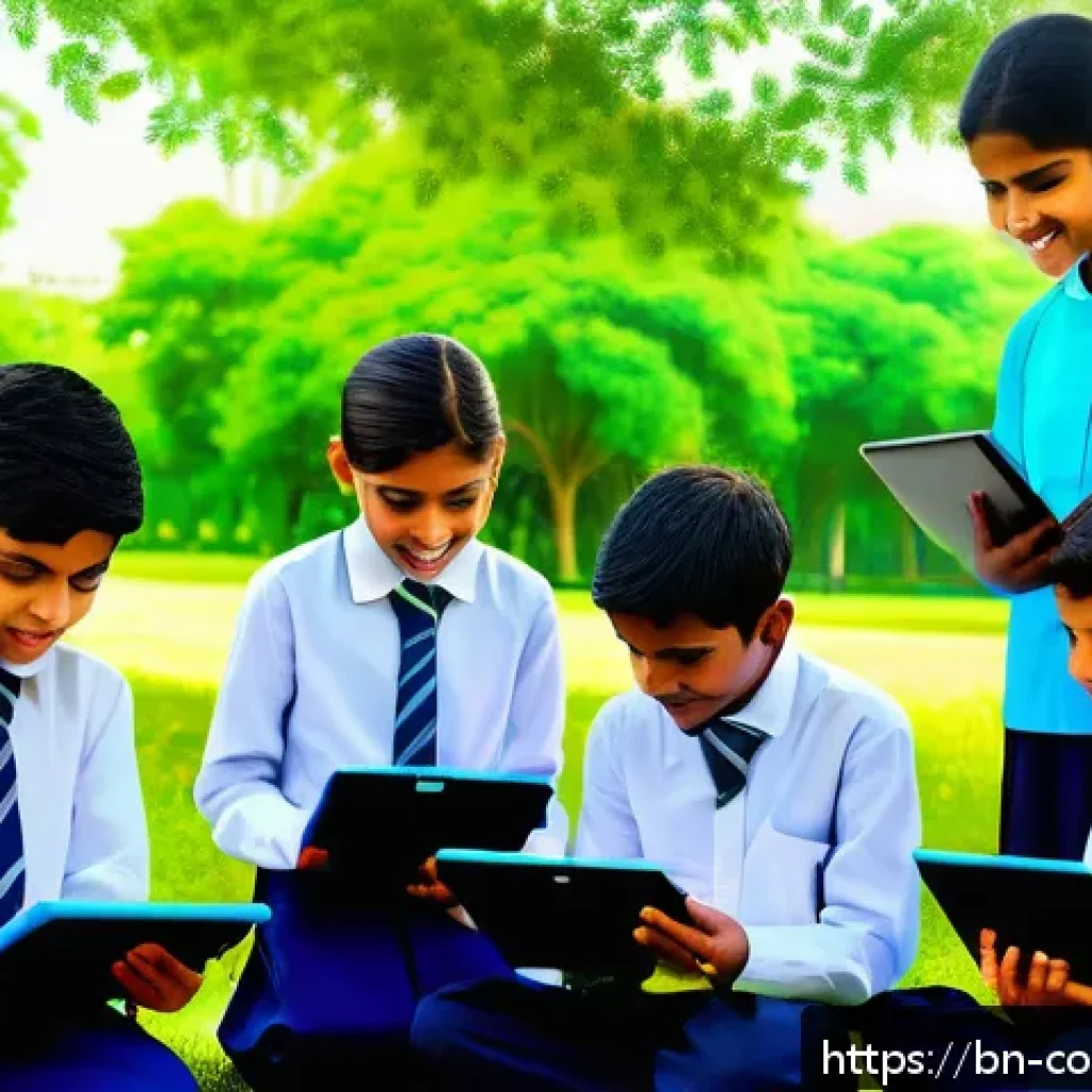야외 학습을 위한 교육적 기술 도구 - A vibrant classroom scene set outdoors in a lush green park with Bengali students actively engaged i...