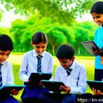 야외 학습을 위한 교육적 기술 도구 - A vibrant classroom scene set outdoors in a lush green park with Bengali students actively engaged i...
