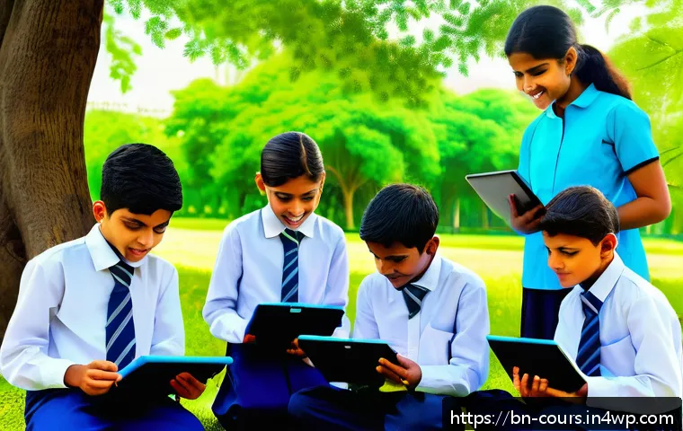 야외 학습을 위한 교육적 기술 도구 - A vibrant classroom scene set outdoors in a lush green park with Bengali students actively engaged i...