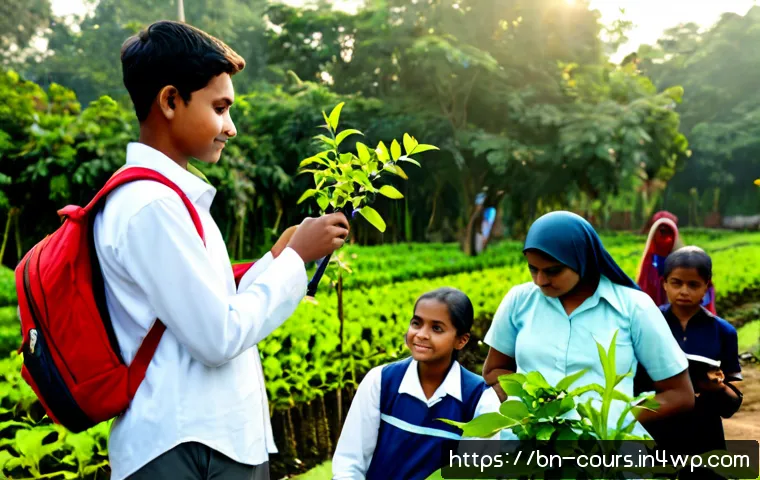 Home 13 야외 학습의 진로 탐색 기회 - Photorealistic outdoor career exploration workshop in a lush community garden in Bangladesh, diverse...